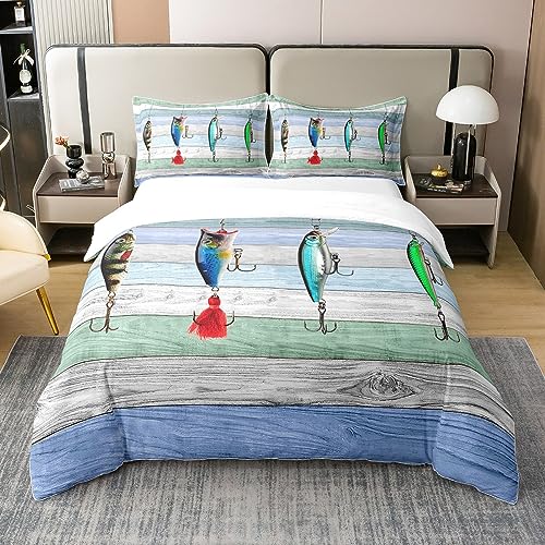 100% Baumwolle Bunte Fisch Tröster Bezug 135x200,Fisch Haken Angeln Bettbezug für Kinder Jungen Mädchen Teens,Rustikale Bauernhaus Bettwäsche für Schlafzimmer,Western Stil Bettbezug mit 1 Kissenbezug
