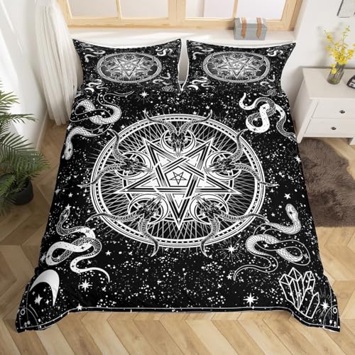 Bull Schädel Schwarz Weiß Bettbezug Set S Größe,Sun Moon Sternenhimmel Bettwäsche Set,Gothic Sterne Schlange Diamant Tröster Abdeckung Kinder Mädchen Jungen Zimmer Dekor Exotische Boho Quilt Cover