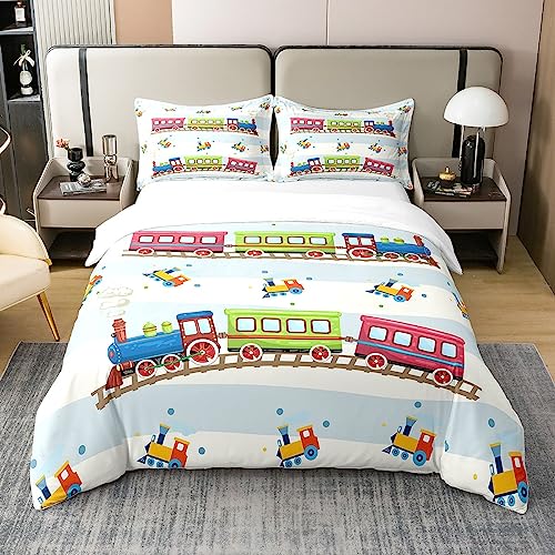 Loussiesd Zug 100% Baumwolle Bettwäsche Set 135x200cm Auto Vehies Drucken Bettbezug Set Nette Züge Betten Set für Kinder Bettwäsche Ultra Weich Raum Dekor Bettbezug Reißverschluss Verschluss