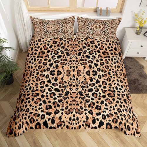 Homemissing Kinder Leopard Druck Bettwäsche Set 135x200cm Gepard Betten für Kinder Mädchen Jungen Schlafzimmer Dekor Safari Bettwäsche-Set Wildtiere Braun Schwarz