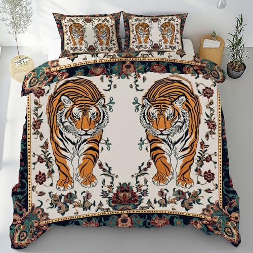 Tyafsgvqo Asiatisch Tiger Bettwäsche 135x200 3 Teilig, Blüten Wilde Tiere Bettbezug Weich & Atmungsaktiv, Vintage Orientalisch Bettwäsche Set, Wendebettwäsche mit 2 Kissenbezug 80x80