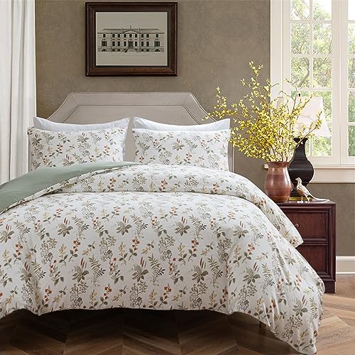 DXHOME Grün Bettwäsche 135x200cm Blumenmuster mit Unifarben Rüschen Deckenbezug AtmungsaktivWeiche Microfaser Wende Bettwäsche Luxury Bettbezüge mit Reißverschluss und 2 Kissenbezüge 80 × 80 cm