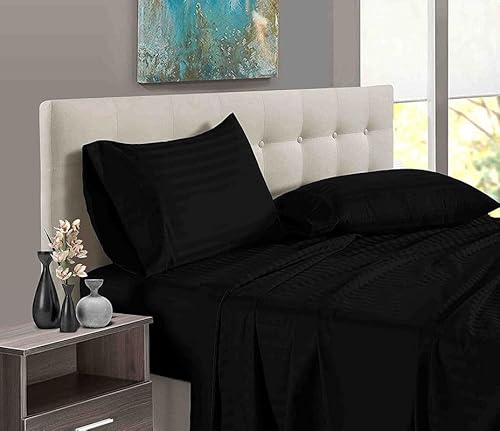 Pure Dreams 6-teiliges Bettwäsche-Set, Fadenzahl 1000, luxuriöses, weiches Bettlaken, Spannbetttuch (40 cm) Tiefe Tasche und 4 Kissenbezüge, 100% ägyptische Baumwolle, schwarz gestreift, King-Size