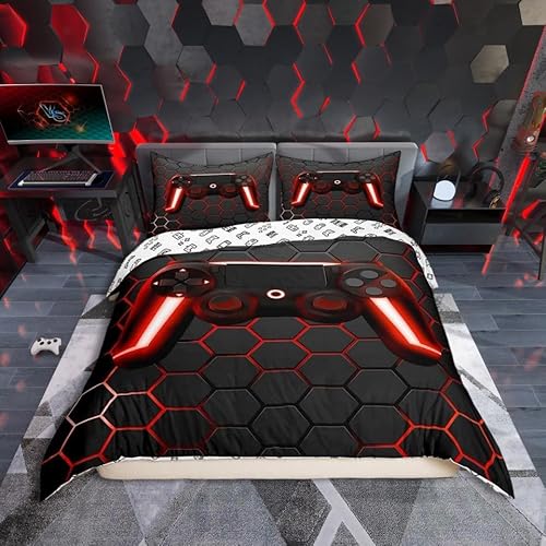 Gamer Bettwäsche Sets für Jungen,Gaming Bettbezug Set 135x200,Jungen Videospiel Trösterbezug,Geometrisch es Wabenbett Set für Teenager Kinderzimmer,Gamepad Controller,2 Stücke mit 1 Kissenbezug