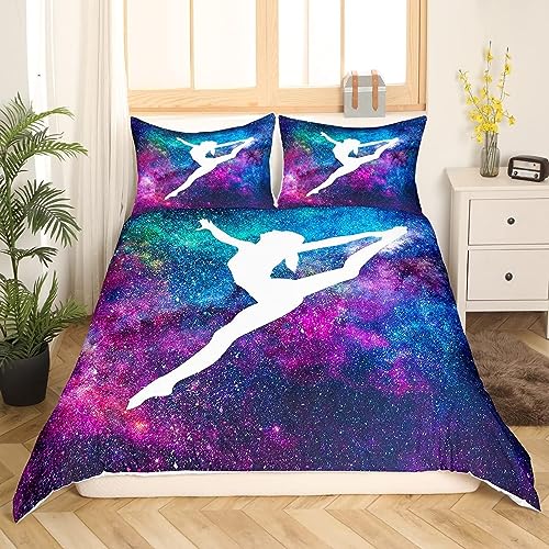 Gymnastik Bettwäsche Gymnastik Liebhaber Bettwäsche Set Galaxie Sternenhimmel Bettbezug Lustige Tänzer Silhouette Bettbezug Turner Geschenke für Mädchen Jugendliche Frauen 135x200 Bettwäsche Set