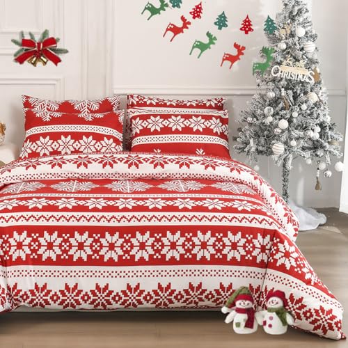 DXHOME Weihnachten Bettwäsche Set 135x200cm Rot Wintermotiv Schneeflocken Weiche Mikrofaser Teenager für Mädchen Jungen Geschenke für Kinder Bettbezug mit Reißverschluss + 1 Kissenbezug 80x80 cm