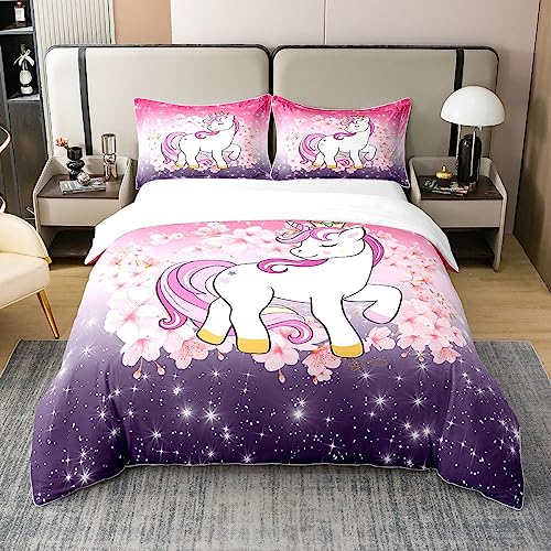 100% Baumwolle Kinder Einhorn Bettbezug 155x220,Glitter Ombre Galaxy Pastell Bettwäsche Set für Mädchen,Kirschblüten Komfortbezug,Kawaii Tier Bett Sets mit1 Kissenbezug Fantasy Ästhetik,Rosa Lila