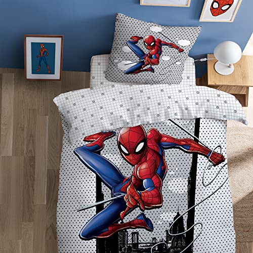 CTI Spiderman Hero Bettwäsche für Kinder, 140 x 200 cm, 100 % Baumwolle, Öko-TEX | Bettbezug für Kinder, 140 x 200 cm + 1 Kissenbezug 63 x 63 cm, wendbar, Grau