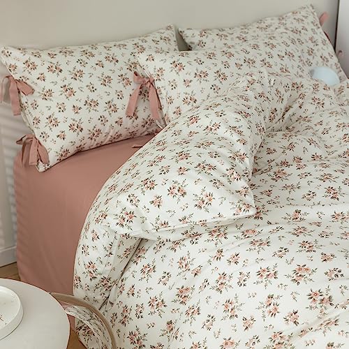 Bettwäsche-Set für Mädchen, rosa Blumen, Cottagecore-Bettwäsche-S et, weiche Baumwolle, ästhetisch, botanisch, Vintage-Stil, Landhausstil, Pfirsichblumen, Trösterbezug mit Reißverschluss, Twin XL
