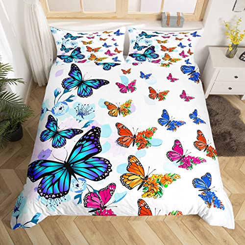 Schmetterlinge Bettbezug für Kinder Mädchen Frauen, Farbverlauf Schmetterling Blume Bettwäsche Set Single, Aquarell Blumen Bettdecke Bezug Home Zimmer Dekor Tie Dye Blumen Insekt Tagesdecke
