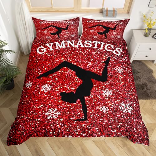 Homewish Gymnastik Bettbezug Mädchen Gymnast Silhouetten Bettwäsche Set 135x200 Glitter Winter Schneeflocken Muster Tröster Abdeckung, Gymnastik Liebhaber Bett Set mit 1 Kissenbezug