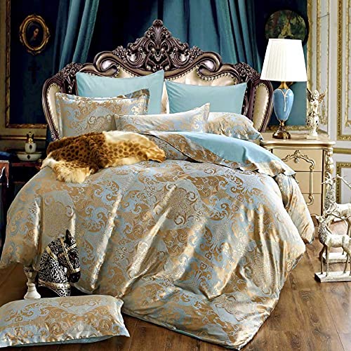DXHOME Satin Bettwäsche 220x240 cm Jacquard Microfaser Golden Gelb Blau Wendebettwäsche 3 TLG 100% Atmungsaktive Angenehme für Heiße Tage im Sommer Graue Blumen Gold Bettbezug Set Doppelbett