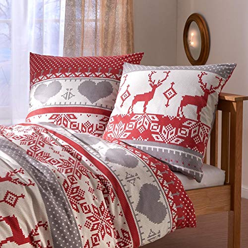 Traumschlaf Feinflanell Bettwäsche Hirsch im Weihnachtsstil – warme Winterbettwäsche aus 100% Baumwolle, kuschelig weich mit Norweger Strickmuster – 155 x 220 cm + 1 Kissenbezug 80 x 80 cm