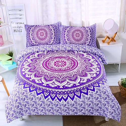 Nayoroom Bettwäsche 135x200 Boho Lila Mandala Blumen Muster Bohemian Bettbezug 2 Teilig Violett Vintage Blümchen Aesthetic Renforce Microfaser Wendebettwäsche mit Reißverschluss und Kissenbezug 80x80