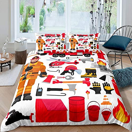 feelingyou Feuerlöscher (Feuerwehr) Bettwäsche-Set Rote Feuerwehr Bettwäsche Set 200x200cm Firefighter Tools Betten Set für Kinder Jungen Mädchen Teenager 3St.Reißverschluss Mikrofaser
