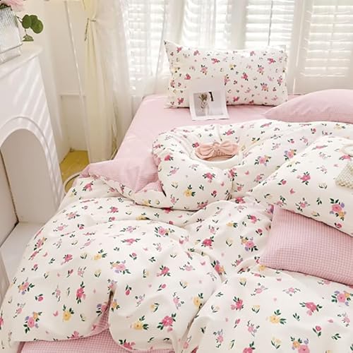 AShanlan Blumen Bettwäsche 135x200 Baumwolle Weiß Rosa Geblümt Bettwäsche-Sets mit Reißverschluss Aesthetic Floral Wendebettwäsche Enthält 1 Bettbezug 135x200 und 1 Kissenbezug 80x80 cm