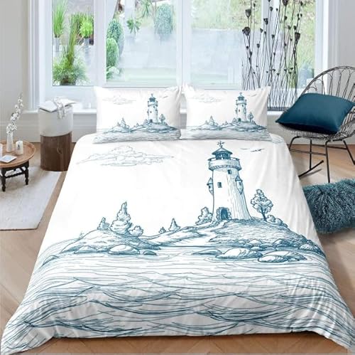 LMMSMGS Bettwäsche 200x220 Leuchtturm Bettwäsche-Sets– Weiches Mikrofaser-Set mit Bettbezug 200x220 + 2 Kissenbezüge 80x80 mit Reißverschluss Eckbinder für Mädchen Jungen