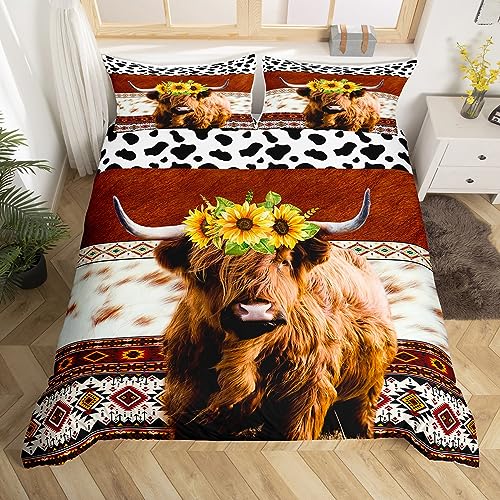 Hochland Rind Kinder Bettbezug Set S Größe,Kuhfell Pelz Rustikale Bauernhaus Bettwäsche Set,Mädchen Erwachsene,Aztekische Pfeile Boho exotische Tröster Abdeckung,Brown Retro Quilt Cover,1 Kissenbezug