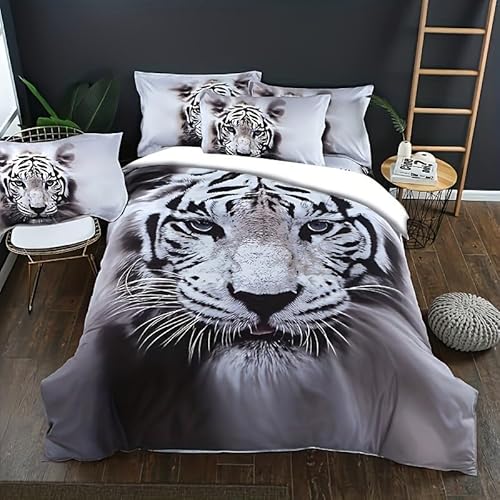 Proxiceen Weißer Tiger Bettwäsche Set 3 Teilig Tiger Sternenhimmel Bettbezug, Geheimnis Fantasy Tiermotiv Mikrofaser Bettwäsche 200x200cm Weich mit Reißverschluss und 2 Kissenbezug