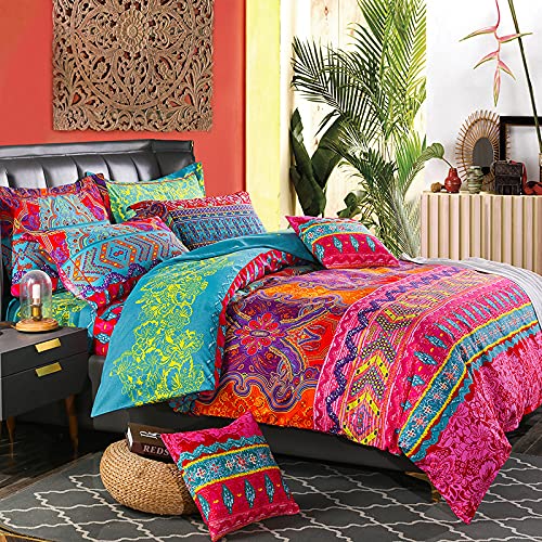 AShanlan Bettwäsche Bohemian 155x220 cm Indisch Boho Stil Rot Grün Bunt 2 Teilig 100% Mikrofaser Böhmisch Bettbezug mit Reißverschluss und Kissenbezug 80x80 cm