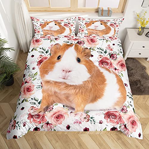 Homewish Bettwäsche Meerschweinchen 135x200 Kinder,Süße Tier Rote Rosen Pflanze Blüten Bettbezug Set Für Mädchen Jungen Jugendliche,3D Digitaldruck Bettwäscheset Schlafzimmer Dekor Mikrofaser