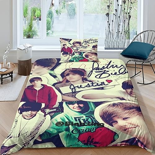 GIOSBR Justin Bieber Bettwäschegarnitur Bettbezug Set Mädchen Junge Kinder 3D Gedruckter Und Kissenbezüge Reissverschluss Weich Microfaser Bettwäsche 2 Teilig Single?135x200cm?