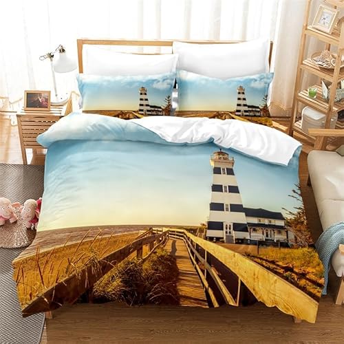 NUEYSP Bettwäsche 140x200 Leuchtturm Bettwäsche-Sets 3D-Motiv, Mikrofaser, 1 Bettbezug 140x200 + 1 Kissen 70x90 mit Verdecktem ReißVerschluss für Mädchen Jungen.
