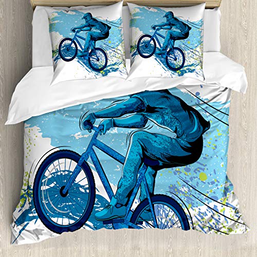 ABAKUHAUS Sport Bettbezug Set, Radfahrers Farbspritzer, Milbensicher Allergiker geeignet mit Kissenbezügen, 155 cm x 200 cm - 80 x 80 cm, Blau Aqua Hellgrün