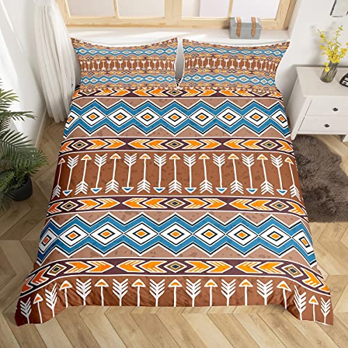 Aztec Textur Bettbezug Set 135x200,Abstrakte geometrische Patchwork Bettwäsche Set, Pfeile Boho Tribal Ethnische Tröster Bezug, Brown Retro Quilt Cover, 1 Kissenbezug