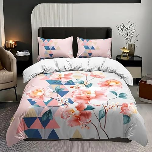 EXSANLIEAY Dreiecksstickerei Bettwäsche-Sets 135x200 cm Elegante Blumen Bettbezug Kreatives 3D Effekt Weich Microfaser Deckenbezug mit Reißverschluss und 2 Kissenbezug 80x80 cm