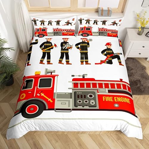 Loussiesd Karikatur Auto Bettwäsche Betten Set Kinder Feuerwehrauto Feuerwehr Bettwäsche Set 135x200cm Feuerwehr Bettbezug Set für Jungen Zimmerdekoration Feuerwehrauto Fahrzeug Rot Mit 1 Kissenbezug
