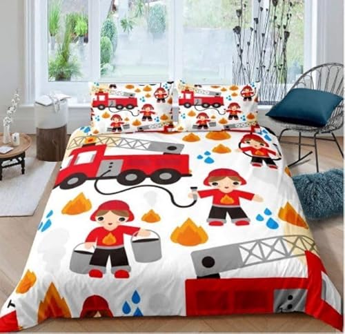 LMMSMGS Bettwäsche 200x200 Feuerwehr Bettwäsche-Sets– Weiches Mikrofaser-Set mit Bettbezug 200x200 + 2 Kissenbezüge 80x80 mit Reißverschluss Eckbinder für Mädchen Jungen