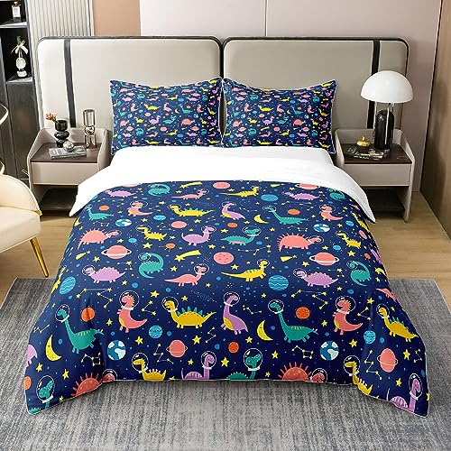 Jungen Cartoon Dinosaurier 100% Baumwolle Bettbezug,Kinder Cute Dino Bettwäsche Set,Lustige Dinosaurier Astronaut Tröster Abdeckung,Galaxy Space Sterne Quilt Cover mit 2 Kissenbezüge 220x240 Bequem