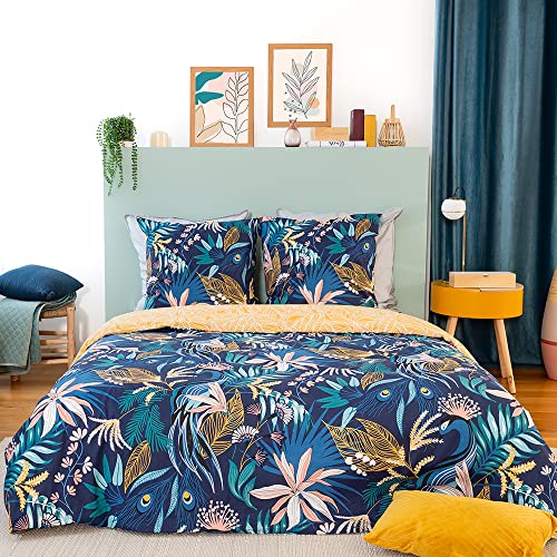 CÔTE Deco Bettwäsche für Doppelbett, Bettbezug 220 x 240 cm + 2 Kopfkissenbezüge 63 x 63 cm, Motiv Tropische Blätter, 100% weiche Baumwolle, Blau (240 x 220 cm)