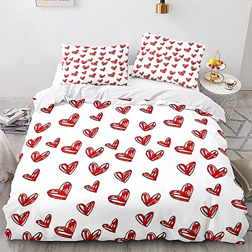 Menkala Bettwäsche Herz 135x200 Rot Weiß Herzen Muster Aesthetic Bettwäsche-Sets 2 Teilig Bordeauxrot Hearts Renforce Microfaser Einzelbett Partner Bettbezug mit Reißverschluss und Kissenbezug 80x80