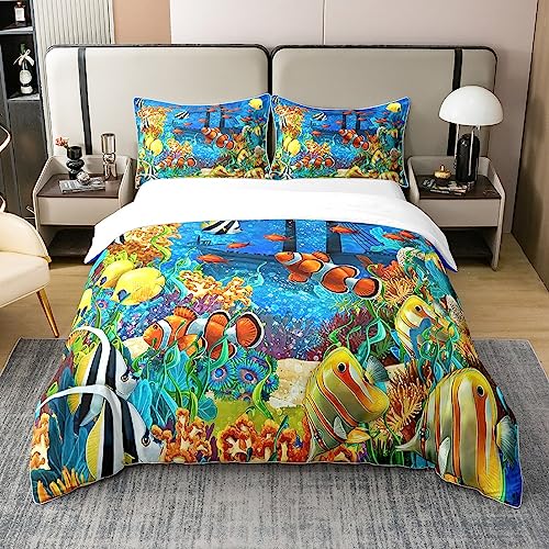 Loussiesd Blau Ozean Tropisch Fische Coral 100% Baumwolle Bettwäsche Set Decorative Kinder Undersea World Multicolor Bettbezug Set 100% Baumwolle Zimmer Dekor 2Stück 135x200cm Reißverschluss