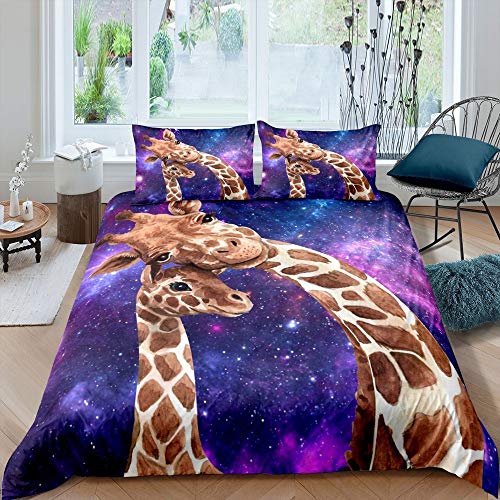 feelingyou Zwei Giraffen Bettwäsche-Set Purple Galaxy Universe Bettwäsche Set 135x200cm Schöne Tiere Betten Set für Kinder Jungen Mädchen Teenager 2St.Reißverschluss Mikrofaser