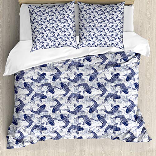 ABAKUHAUS Fisch Bettwäsche Set für Doppelbetten, Koi Glückstiere Asiatisch, Weicher Microfaserstoff Allegigeignet kein Verblassen, Nachtblau und Blass Azur blau
