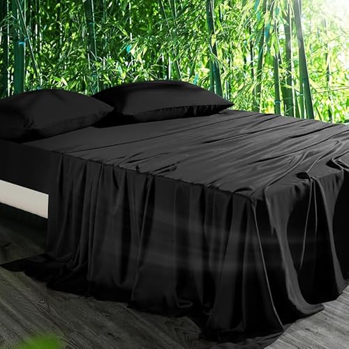 Gezu Spannbettlaken 140x200 Bambus Lyocell Schwarz aus 100% Bambusseide Bettspanntuch kühlend Temperaturregulierend Glänzend Seide Bettlaken Spannbetttuch 140x200 für Hohe Matratze bis 15-30cm