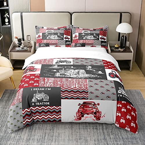100% Baumwolle Rot Traktor Bettbezug für Jungen,BAU Traktor Bettwäsche Set 135x200,Cartoon Ausrüstung Trucks Tröster Abdeckung,Schwarz Weiß BAU Fahrzeug Bett Sets mit1 Kissenbezug