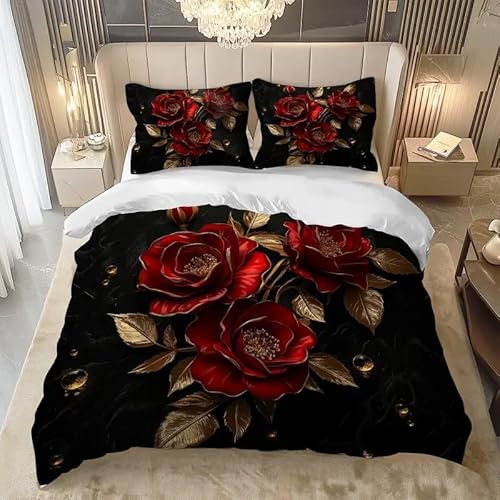 EXSANLIEAY LuxuriöS Und Reichhaltig Bettwäsche-Sets 135x200 cm Goldene Rose Bettbezug Kreatives 3D Effekt Weich Microfaser Deckenbezug mit Reißverschluss und 2 Kissenbezug 80x80 cm