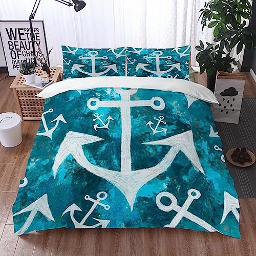 OSKOE Bettwäsche-Sets 135x200 mit 50x75 cm Kissenbezug,Anker Maritime Kunstdruck,Bettwäsche Set Mikrofaser für Einzelbett Doppelbettlaken Bettbezug mit Reißverschluss