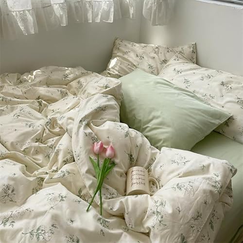 Freyamy Blumen Weiß Bettwäsche 135x200 2tlg, Chic Botanisches Aesthetic Floral, Grün Blätter Gewaschener Mikrofaser Bettwäsche-Set, 1 Bettbezug mit Reißverschluss und 1 Kissenbezug 80x80cm