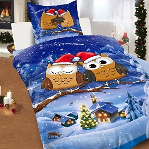 4-Teilig Microfaser Flausch/Fleece Bettwäsche blau/braun/rot Weihnachten Motiv 2x 135x200 Bettbezug + 2x 80x80 Kissenbezug , weich und kuschelig