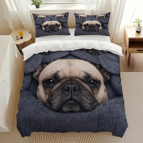 YZQGLHP Bettbezüge 155x220 Tier Bettwaesche Mops Bettbezug Mikrofaser 3teilig Bettwäsche Weich Atmungsaktiv und 2 Kissenbezüge 80x80 cm mit Reißverschluss