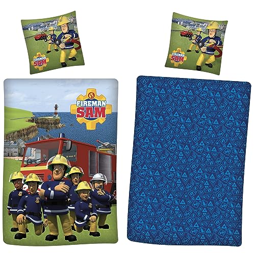 Feuerwehrmann Sam Kinder Bettwäsche Team 135 x 200 + 80 x 80 cm 100% Baumwolle Renforcé-Linon-Qualität Fireman Tân Pontypandy Jupiter Fire Truck Steele Ellie mit Reißverschluss Deutsche Größe