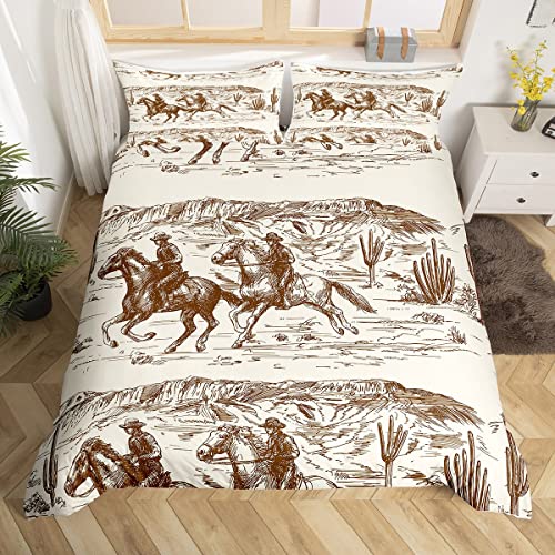 Homewish Westurn Cowboy-Bettwäsche-Set für King-Size-Betten für Erwachsene und Herren, abstrakte Skizzenpferde, bedruckter Bettbezug, rustikaler Landhausstil, ganzjährig, Mikrofaser