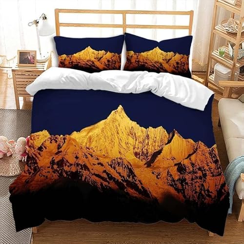 Berge Bettwäsche 200x200 Goldener Sonnenschein Bettbezug 3D Weiche Mikrofaser 3 Teilig Bettwäsche-Sets mit Reißverschluss und 2 Kissenbezüge 80x80 cm für Erwachsene J.1223