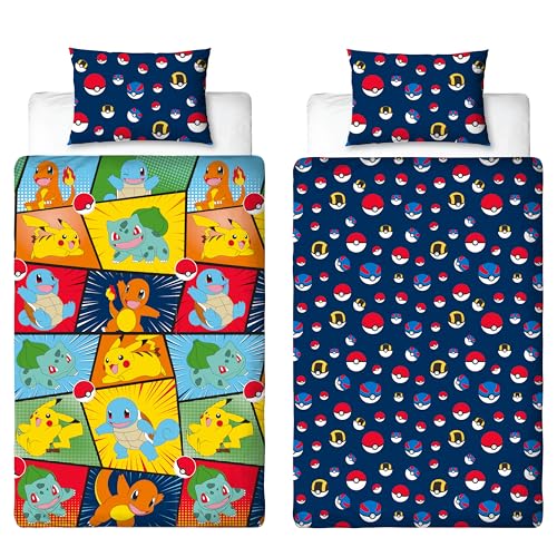 Pokemon Kinder-Bettwäsche-Set, offizielles Lizenzprodukt, Pikachu Bulbasaur Charmander Squirtle Design, wendbar, 2-seitige Bettwäsche mit passendem Kissenbezug, Kinder-Bettwäsche-Set