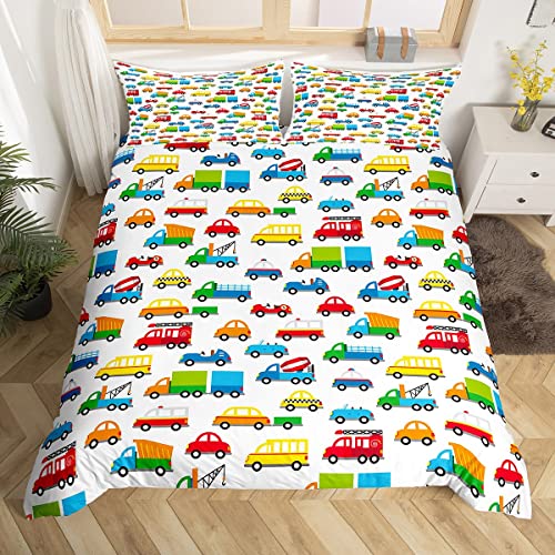 Loussiesd Feuerwehr Bettwäsche Set 155x220cm Kinder Niedlich Karikatur Maschinen Autos Betten Set für Jungen Mädchen Kinder Baufahrzeuge Bettbezug Set Atmungsaktiv LKW Raumdekor